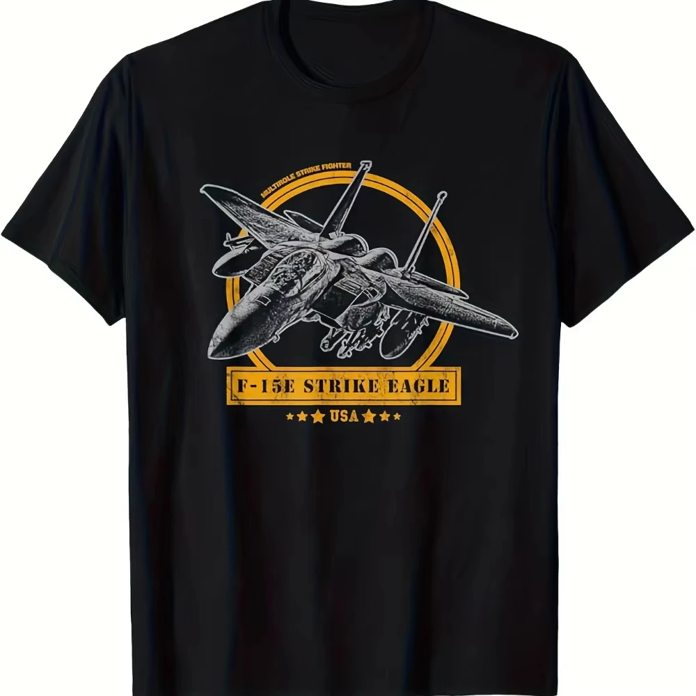2026 New Men'S F-15 Strike Eagle Graphic T-Shirt Patriotic USAF Military Design Black with Yellow Print Casua
