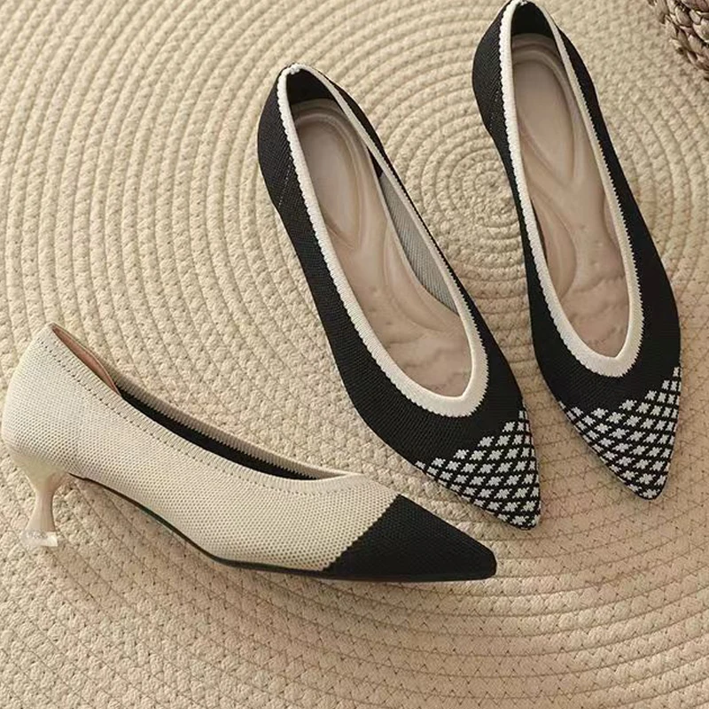 Women shoes 2023 new high heels fashion plaid pointed thin heel knitting comfortable breathable anti-slip spring and autumn seas