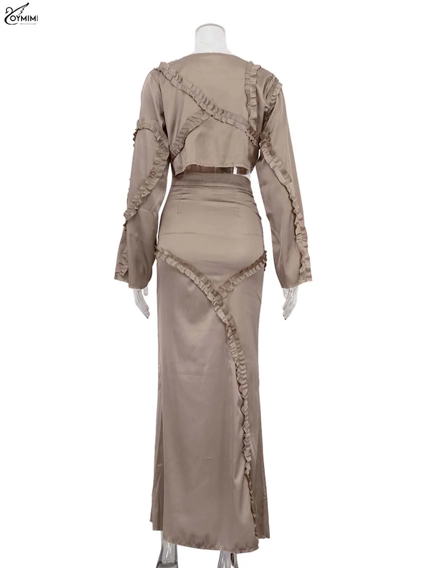 Oymimi Elegant Brown Ruffled 2 Piece Sets Woman Outfit Fashion O-Neck Long Sleeve Blouses And High Waist Straight Skirts Sets