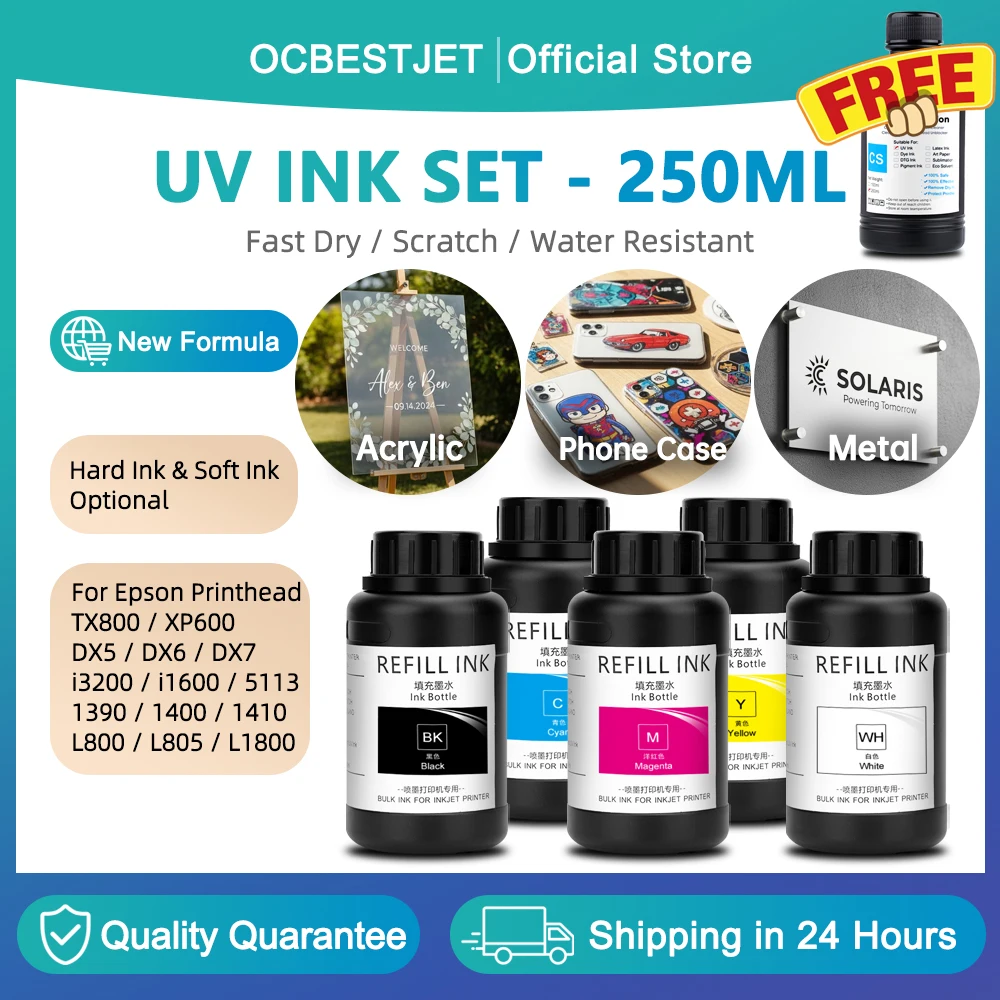 Free UV Cleaning With 5PCS 250ML UV Ink For Epson XP600 TX800 L800 L805 L1800 1390 R1390 1400 DX5 DX7 DX10 i3200 i1600 4720 5113