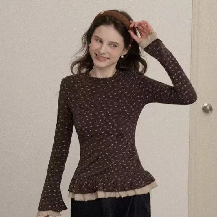 American Retro Round Neck Double-Layer Lace Floral T-Shirt For Women'S Spring And Autumn Design, Brushed Trumpet Sleeve Top