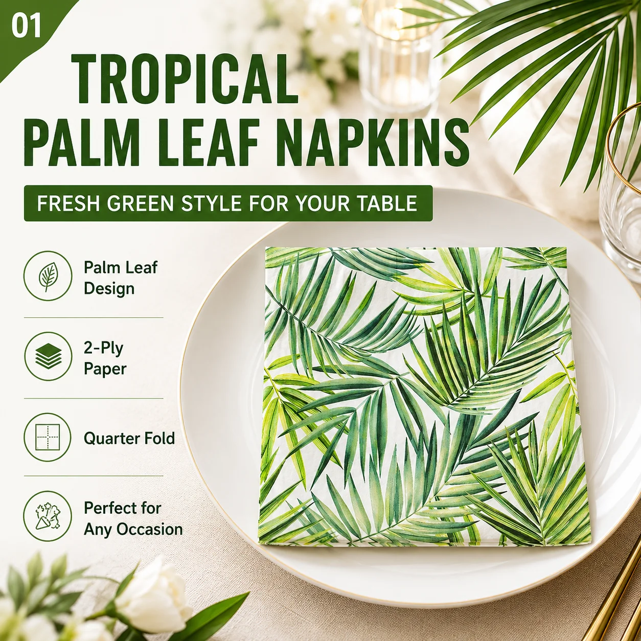 Printed Napkins Hotel Restaurant Table Decoration Wine Glass Flower Paper Fresh Green Leaves Colourful Paper Napkins 20pcs/pac