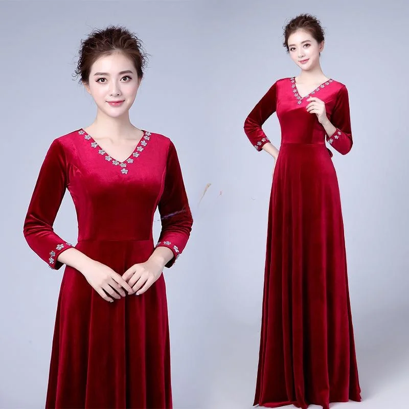 

New Women's Choral Costume Gold Velvet Mid-Aged And ly Chorus Performance Dr Stage ow Host Wedding Banquet Gown