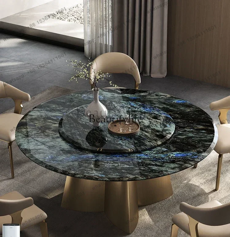 FG43Natural marble round dining table luxury high-end hotel with turntable light luxury dining table