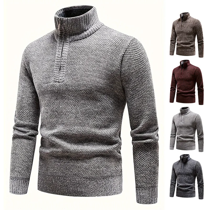 Men's Fall Winter Fleece Lined Thick Knitted Sweater Stand Collar Half Zip Pullover Warm Casual Long Sleeve Male Daily Wear Top