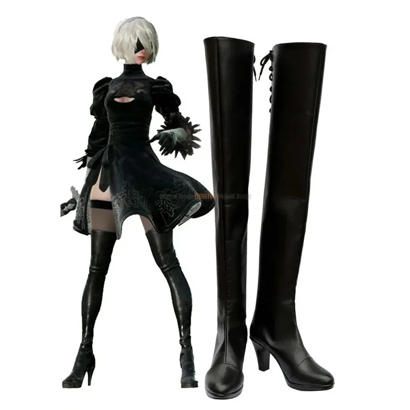 qq98NieR Automata 2B YoRHa NO.2 Type B Cosplay Shoes Handmade Long Black Boots High Heel Costum Made