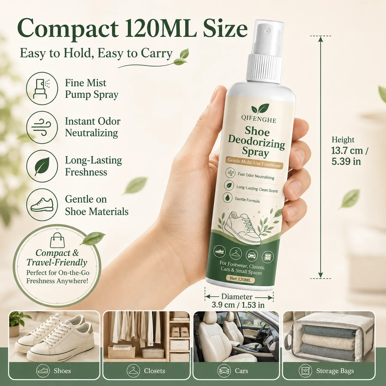 QIFENGHE Odor Eliminator Spray for Shoes, 120ml Instant Freshness, Long-Lasting Scent, Non-Irritating Deodorizer, Works on All F