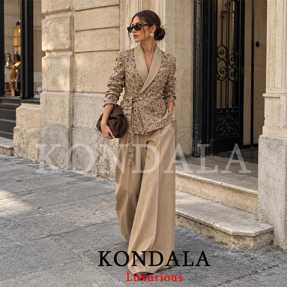 KONDALA Party Evening Club Women Blazer Suit Sequined Button Lace-up Blazer Long Loose Zipper Pants Fashion 2026 Christmas Suit