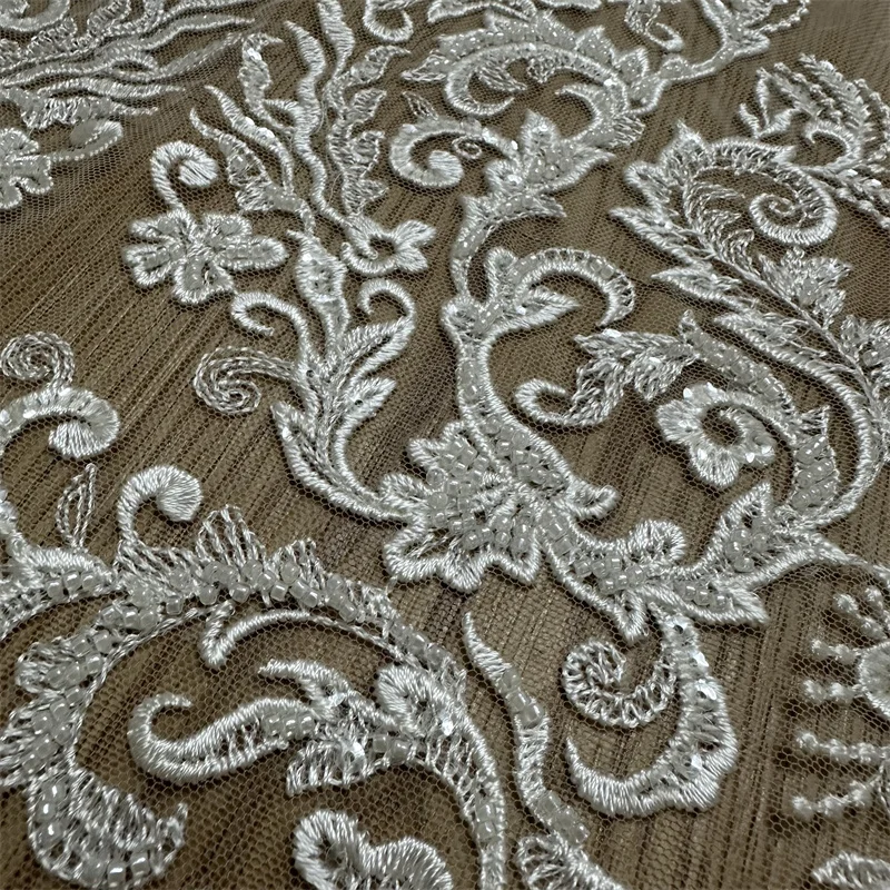 Vantage High Quality low price Heavy Bead Sequins Ivory Tulle Embroidery Garment Bridal Dress Wedding Dress Lace Fabric 1 Yard