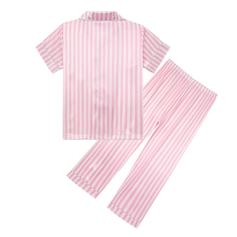 2Pcs Kids Sleepwear Girl Sweet Striped Mock Silk Satin Pajamas Sets Child Teen Cool Skin-Friendly Short Sleeve Pyjamas Nightwear