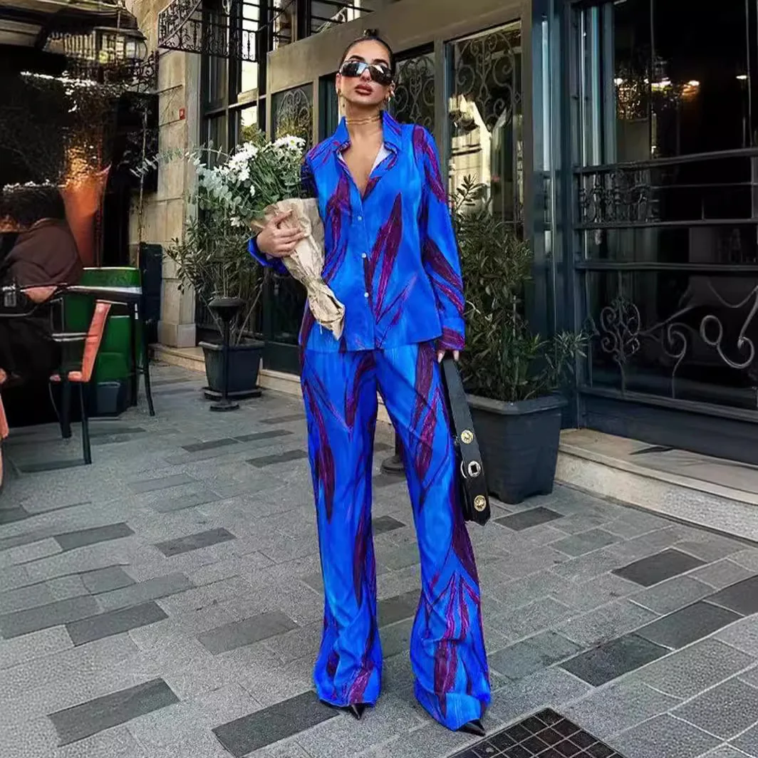 Women Two Piece Set Suit Tie-dye Print Long Sleeve Lapel Shirt+Elastic Waist Casual Wide Leg Pants Fashion Street Loose Outfits