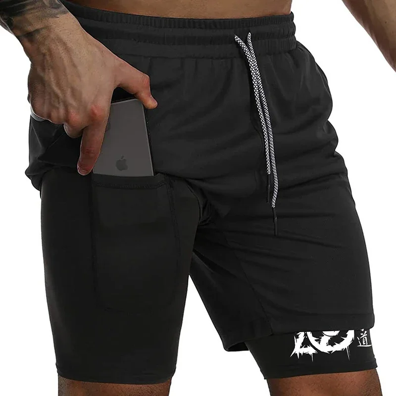 2 in 1 Compression Shorts for Men Gym Workout Running Performance Shorts with Phone Pocket Athletic Active Wear