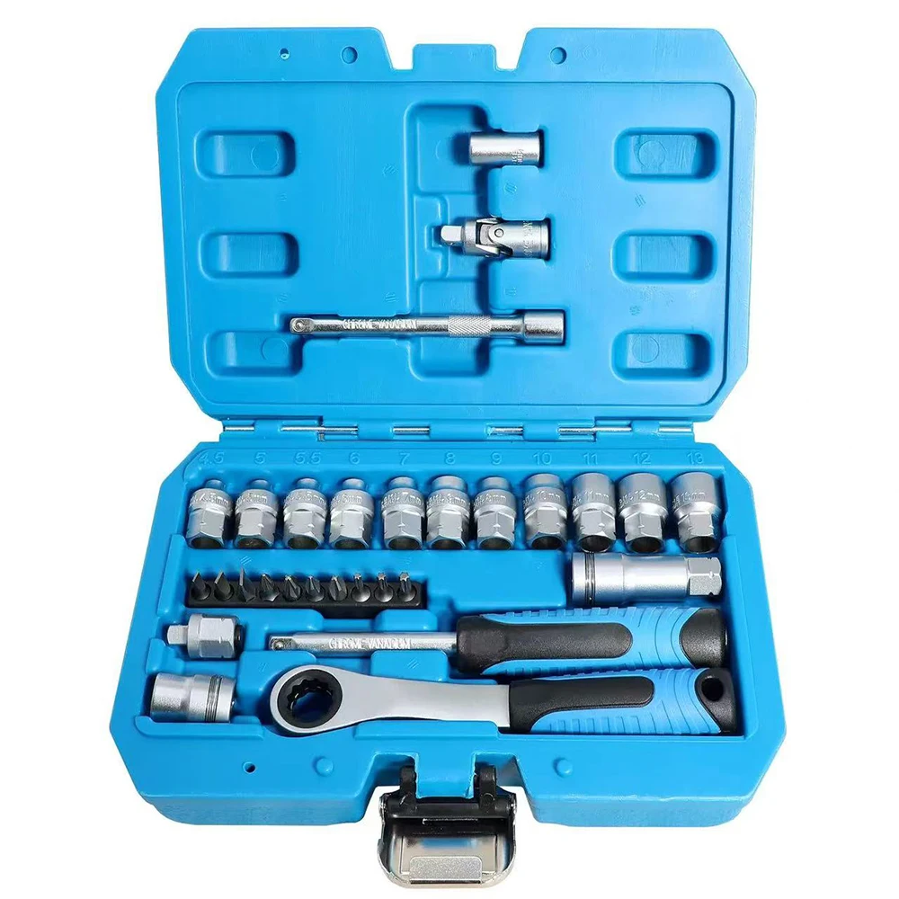 

29PCS 1/4" Pass Through Socket Set Standard Pass-Through Ratchet Mini Screwdriver For Hex Square E-Torx Spline