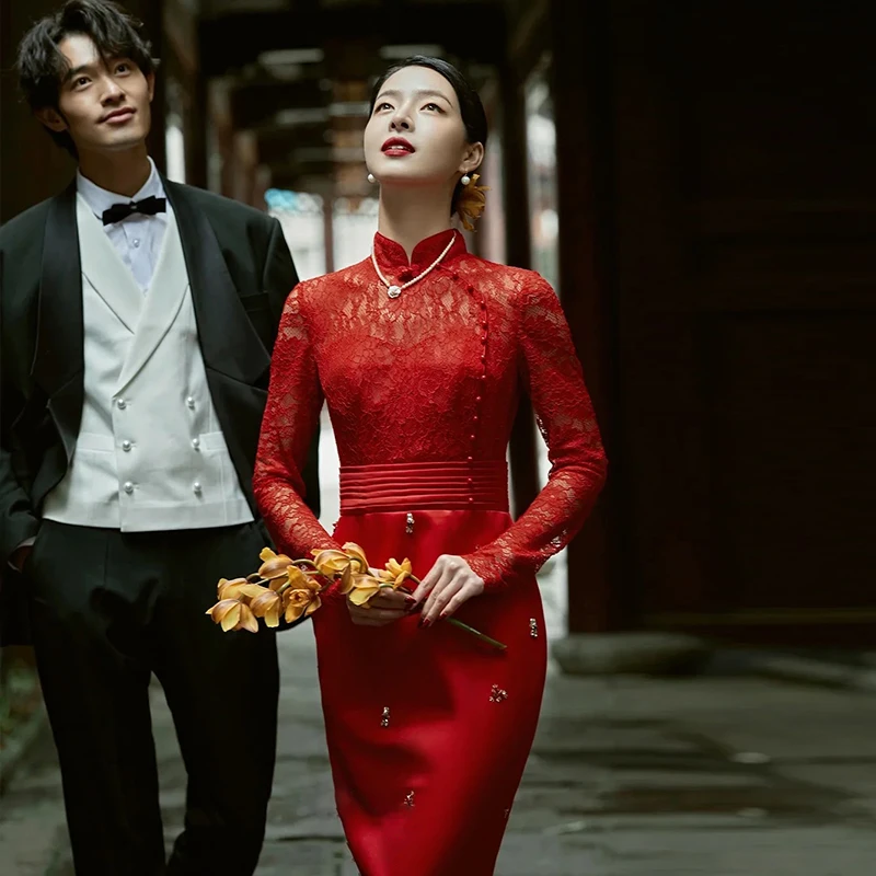 

Chinese Sle Revised ort Young Long Sve Ele Red Dr Autumn New Bride Toasting Costume Women