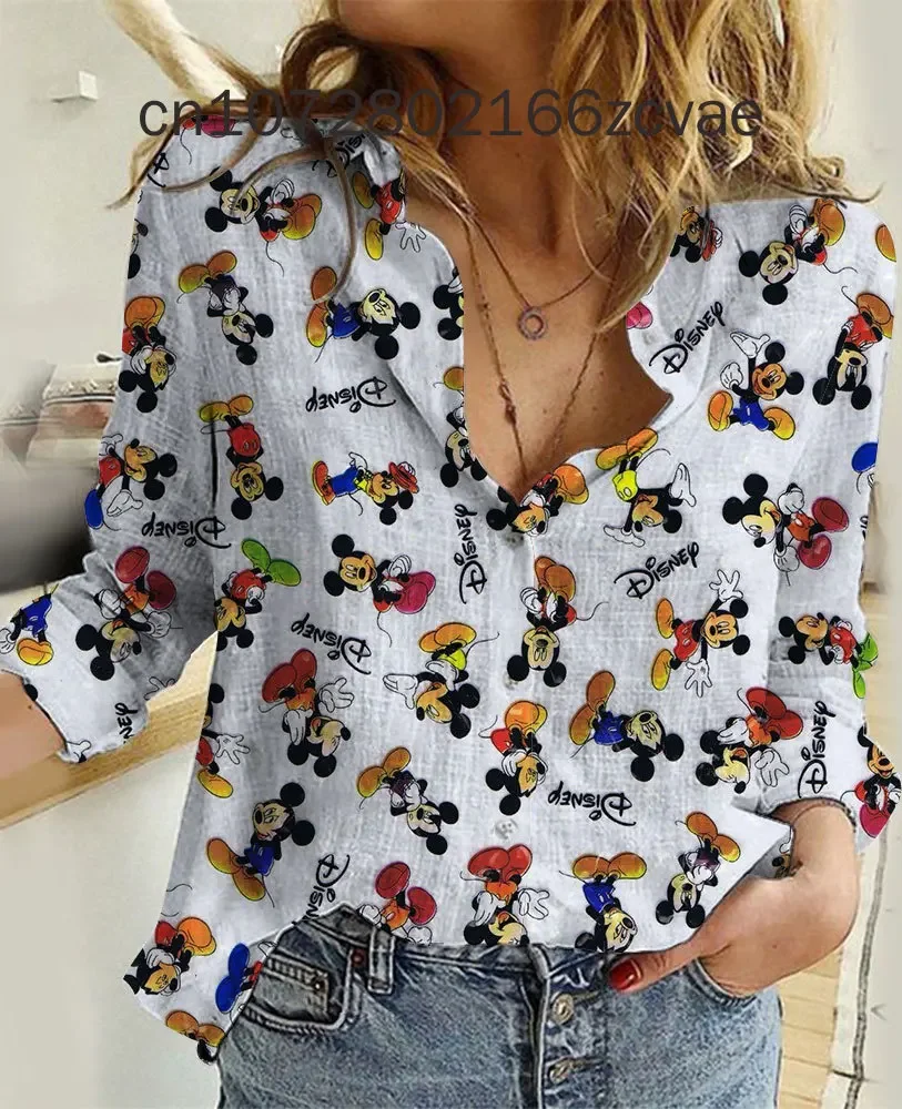 Disney-Chemise décontractée Minnie Mouse pour femme, chemise imprimée à la mode, vêtements de rue Y2K, chemise d'été à manches longues, 2024