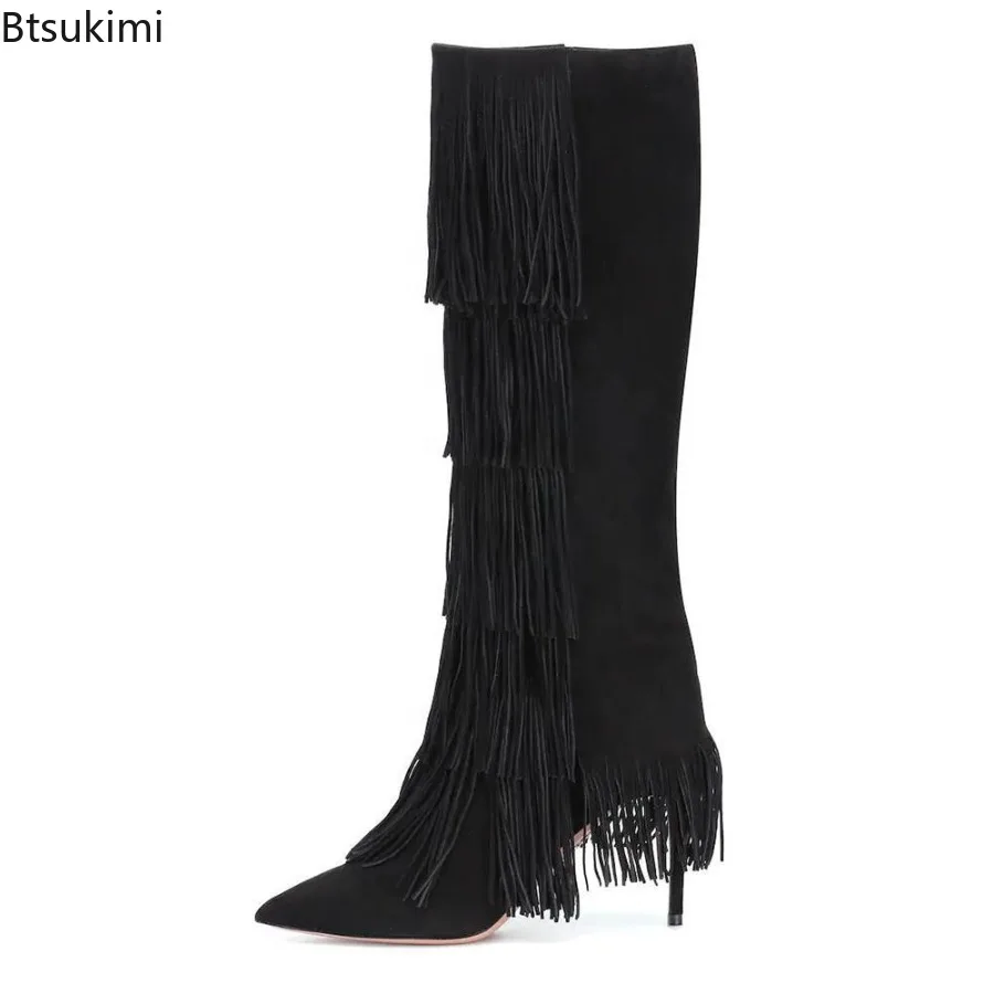 

2025 Spring Autumn Women's Black Retro Suede Pointed High Heel Boots Knee High Temperament Tassel New Style Fashion Ladies Boots
