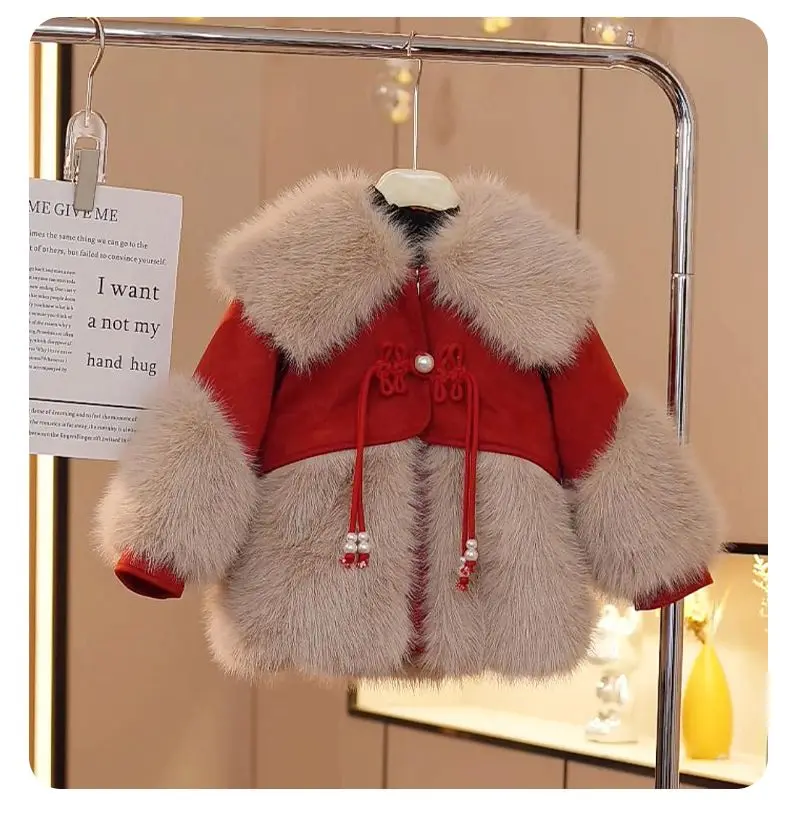 

Parkas Winter Season Girl New Fur Lapel Collar Thickening Baby Coat Plush Outerwear Fashion 2025 Long Sleeve Cool Jacket