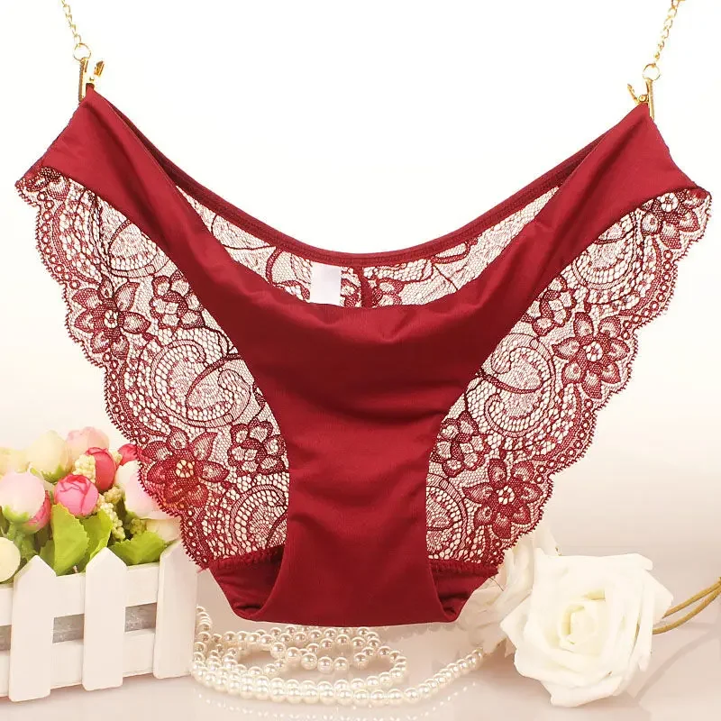 one-piece Ice silk traceless Solid color Women's panties Sex appeal Low waist Lace seduction cotton stop briefs panties women