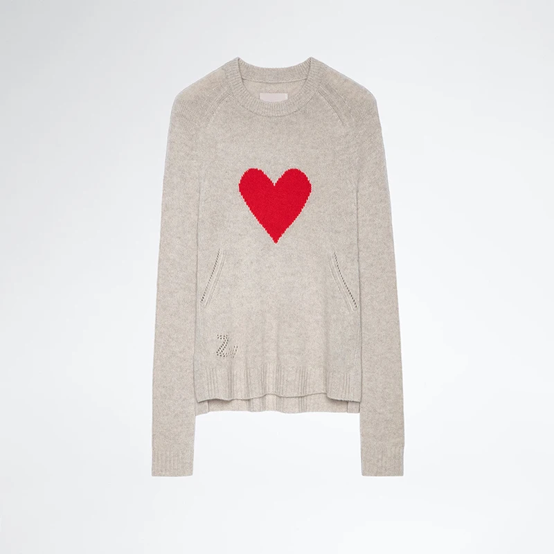 Zadig Heart Sweaters Embroidery Women Sweaters Autumn Winter 0-Neck Long Sleeve Knitted Female Sweatshirt Khaki Pullover Tops