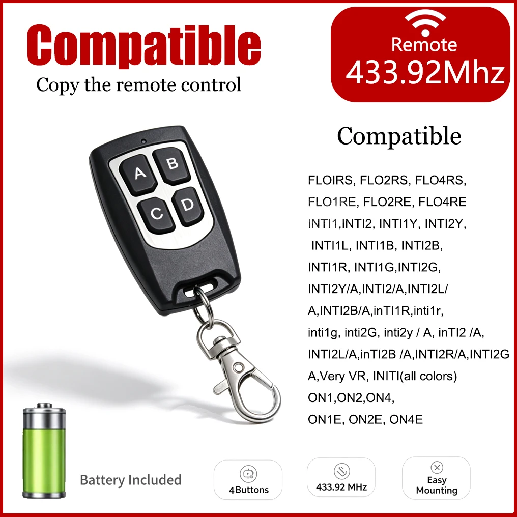 433.92MHz Copy Remote Control Compatible with FLO1RS FLO2RS FLO4RS INT1 ON Series Garage Gate Roller Shutter Key Fob
