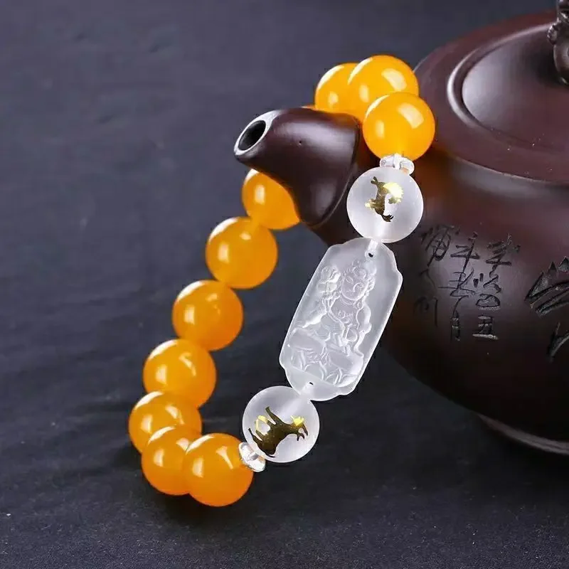 Twelve Zodiac Men and Women Six Noble Yellow Chalcedony Eight Patron Deity Benmingfo Chinese Style Retro Bracelet Men and Women