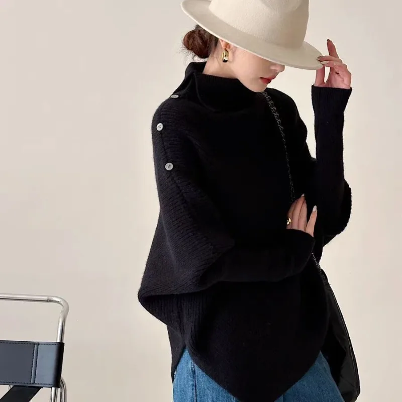 

Woman Batwing Sleeves Pullovers Elegant High Neck Asymmetr Design Autumn Winter Solid Sweater Fashion Chic Knitted Tops Sweater