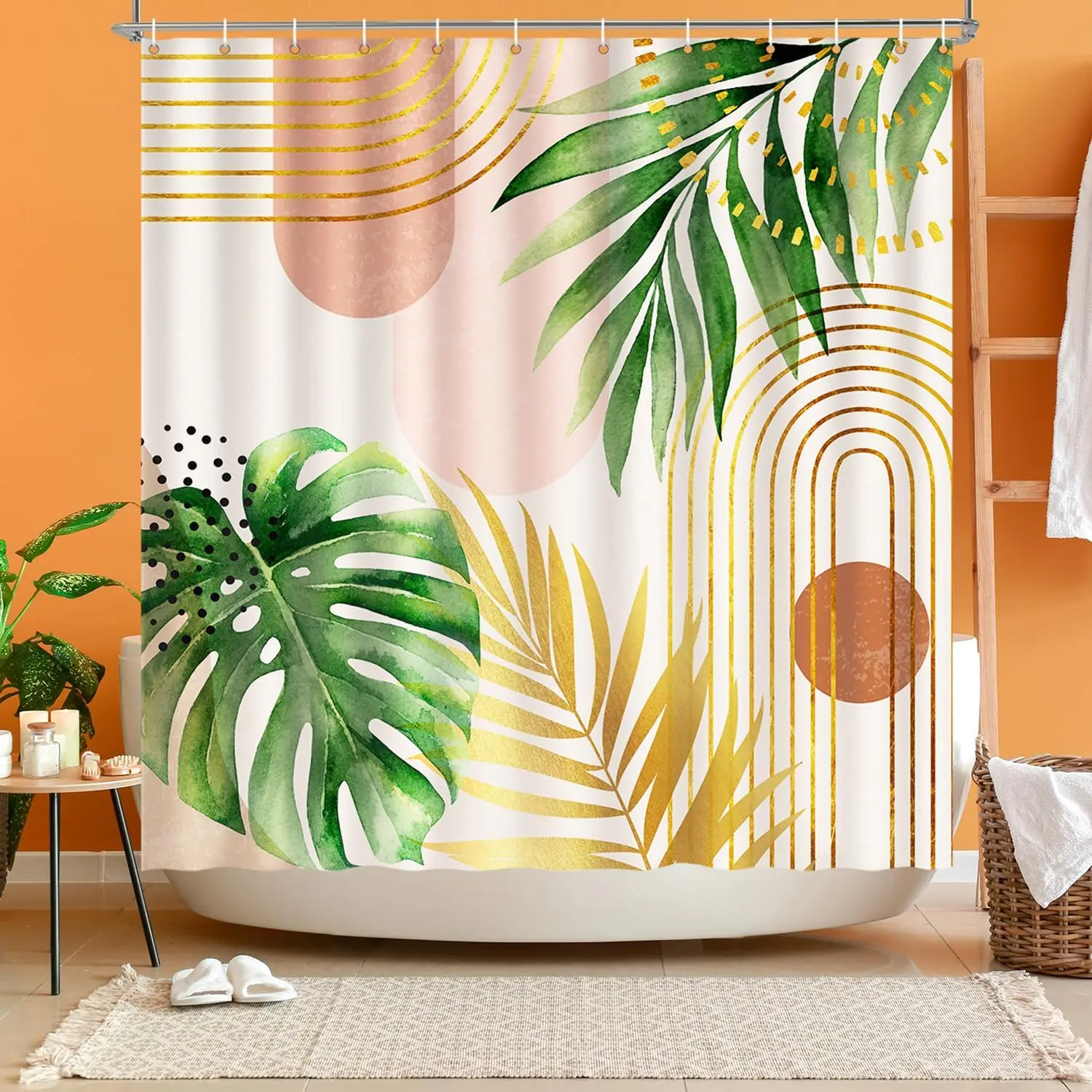 

Занавеска для душа с зелеными тропическими листьями, ботанические декоративные занавески для ванной с золотыми пальмами в стиле бохо, 72 x 72 дюйма