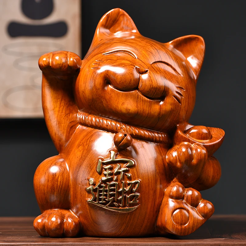 Wooden Carving Lucky Cat Decoration Solid Wood Sculptures Crafts Home Decoration Animal Figurines Gift Hand Carved Statuette