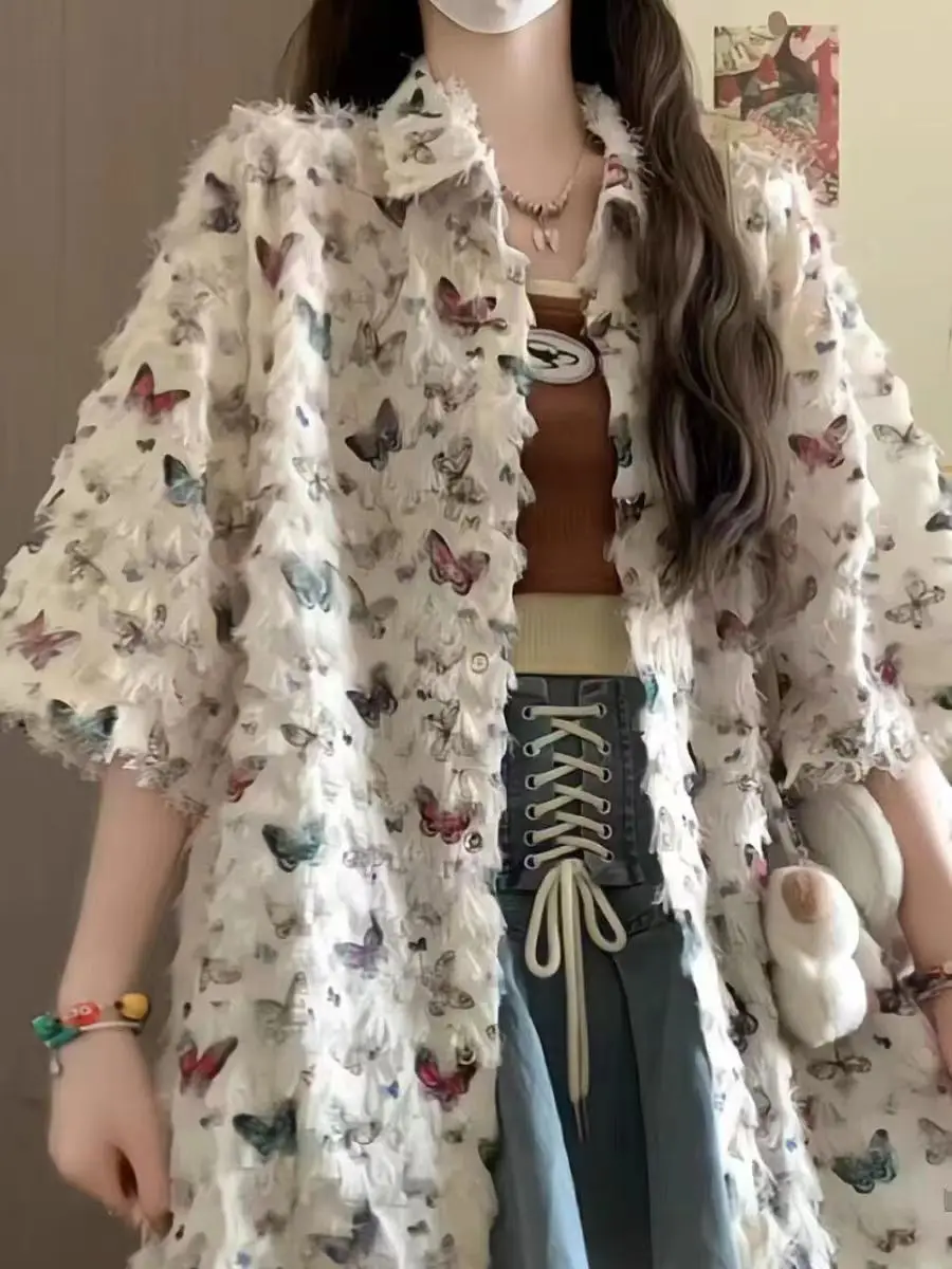 Camisa estética con estampado de mariposas y plumas para mujer, blusa transparente informal holgada Y2K Fairycore, camisa vintage de gran tamaño para fiesta diaria