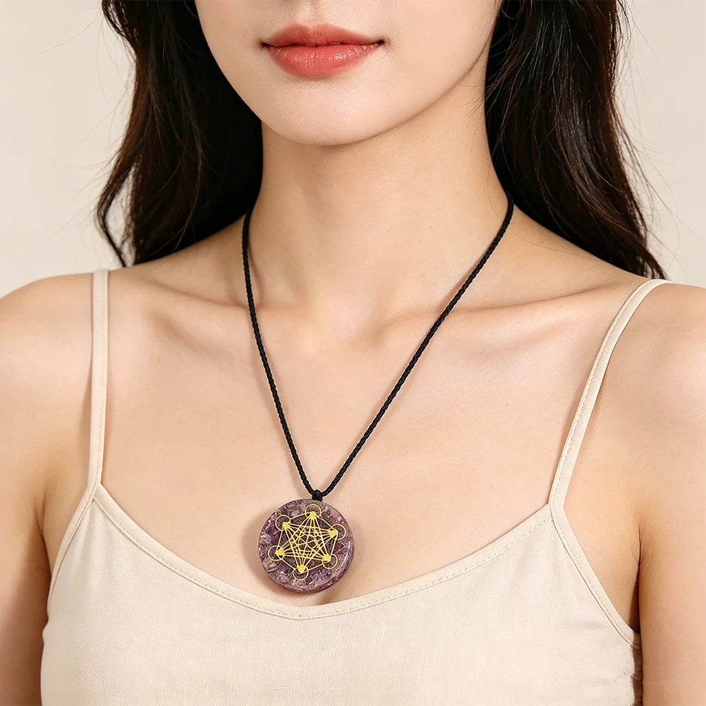 Natural Circular Amethyst Pendant Metatron Geometry Pattern Design Seven Chakras Healing Crystal Neutral Versatile Necklace Gift