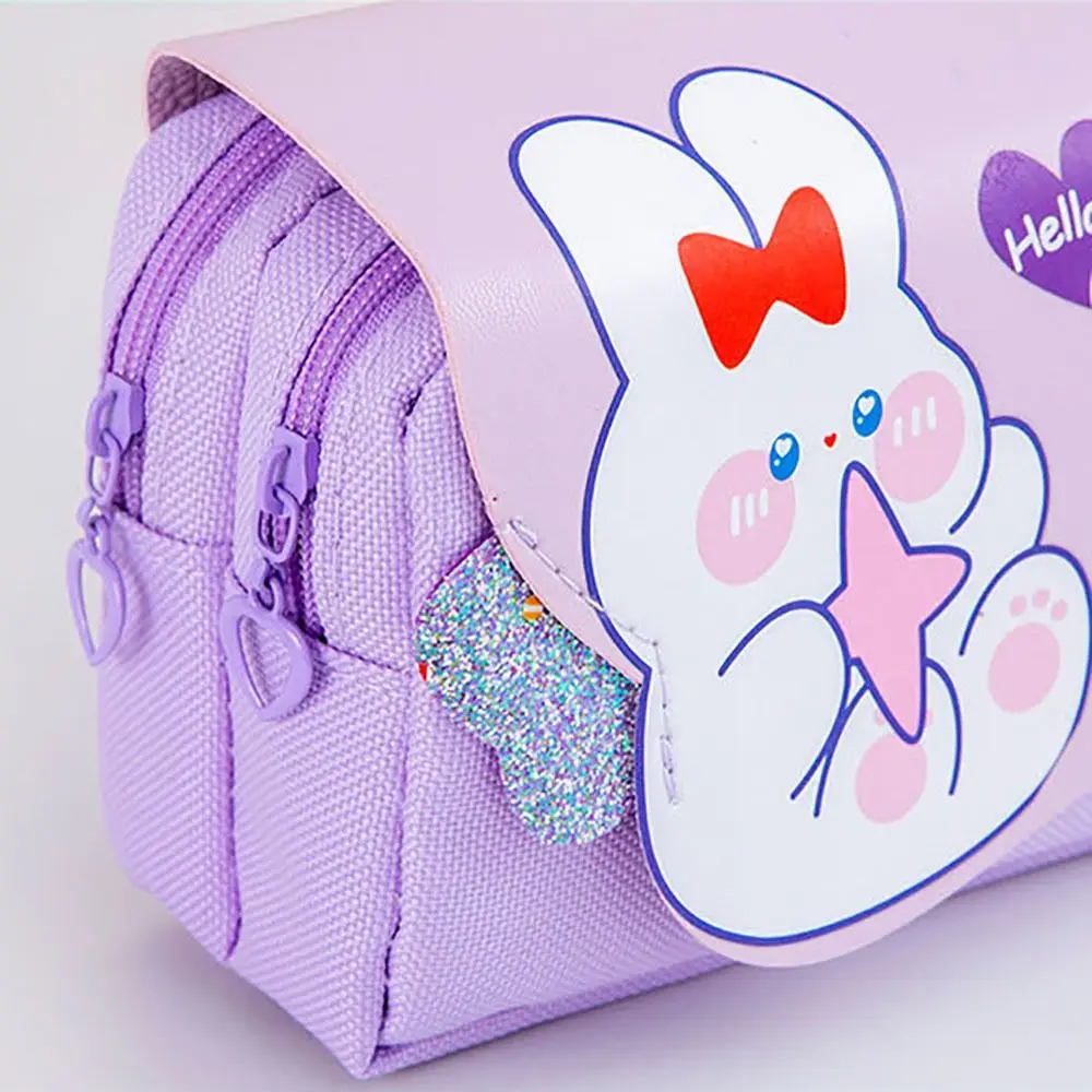 Cartoon Canvas Stationery Storage Bag 3-Layer Multi-function Pen Bag Large-capacity Portable Pen Pouch