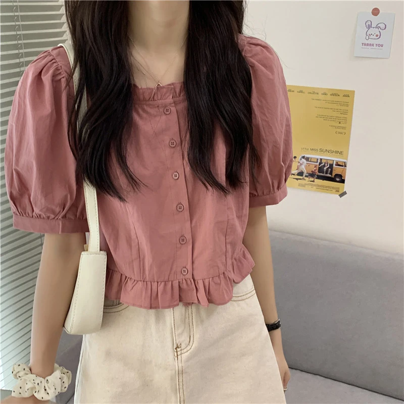 Women Sweet Ruffles Shirt Summer New Puff Short Sleeve Female Blouse Button Fashion All Match Square Collar Ladies Crop Tops