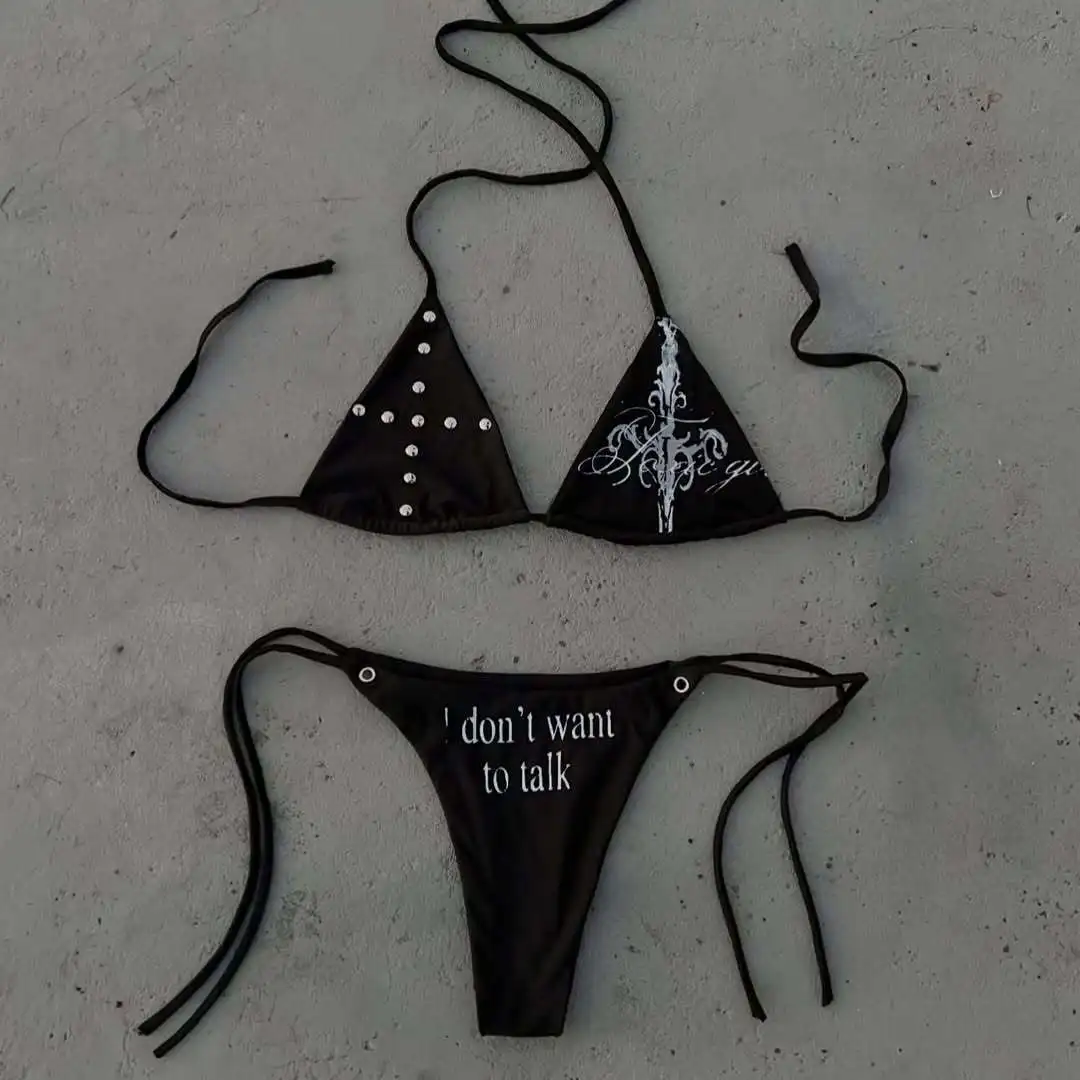 

Spring and summer new Y2K dark retro cross pattern rivet metal decorative bikini suit personality beach style spice girl.