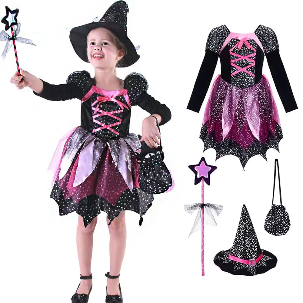 

2025 Classic Halloween Festive Dress Girls Cosplay Pink Cute Short Sleeve Witch Vampire Cute Dress + Hat + Magic Stick Bag Set