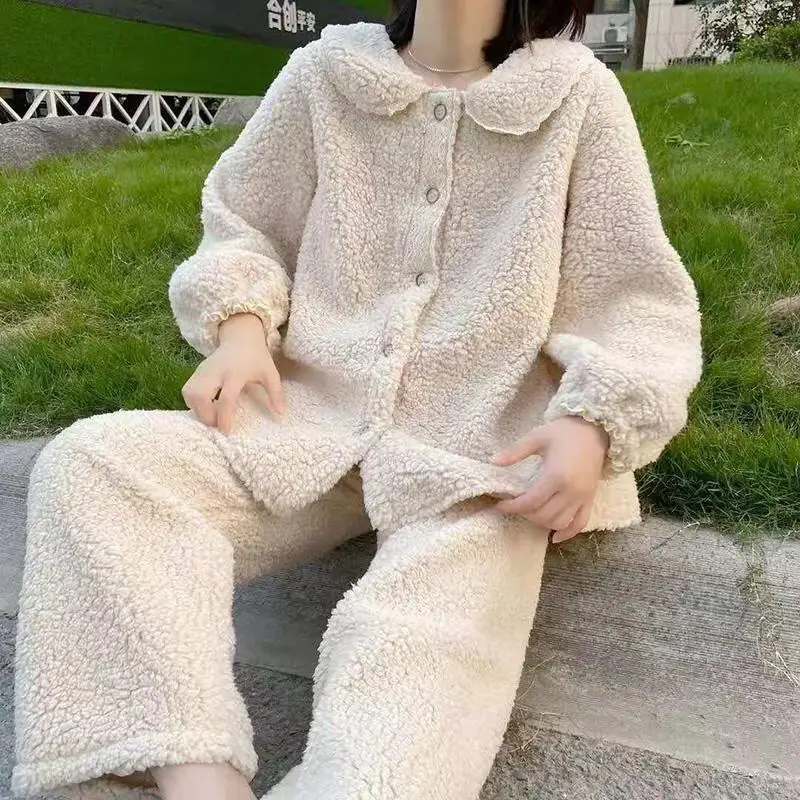 Hot Minimalist Lamb Fleece Leisure Wear Winter Thicken Cute Sweet Long Sleeves Loungewear Set Two-Piece Set Dopamine New Style