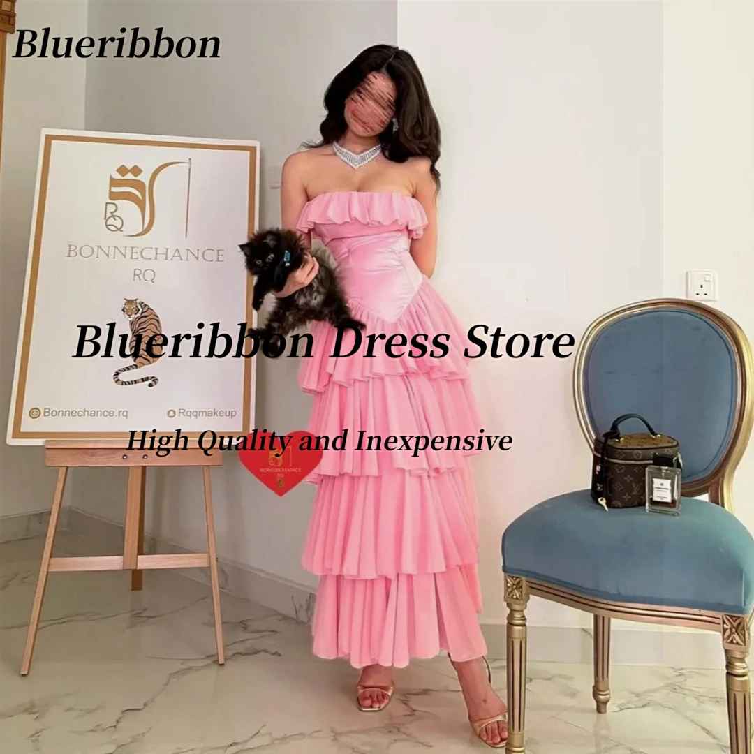 

Blueribbon Ankle Length Tiered Prom Dresses Flutter Strapless Lace Up Back Homecoming Dress Pink Birthday Party Gowns