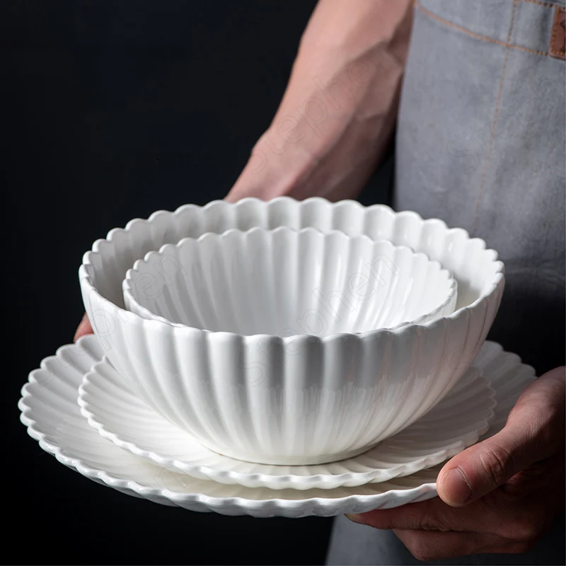 Pure White Chrysanthemum Ceramic Plate Nordic Modern Steak Pasta Dinner Plates Special-shaped Relief Bowl Household Tableware