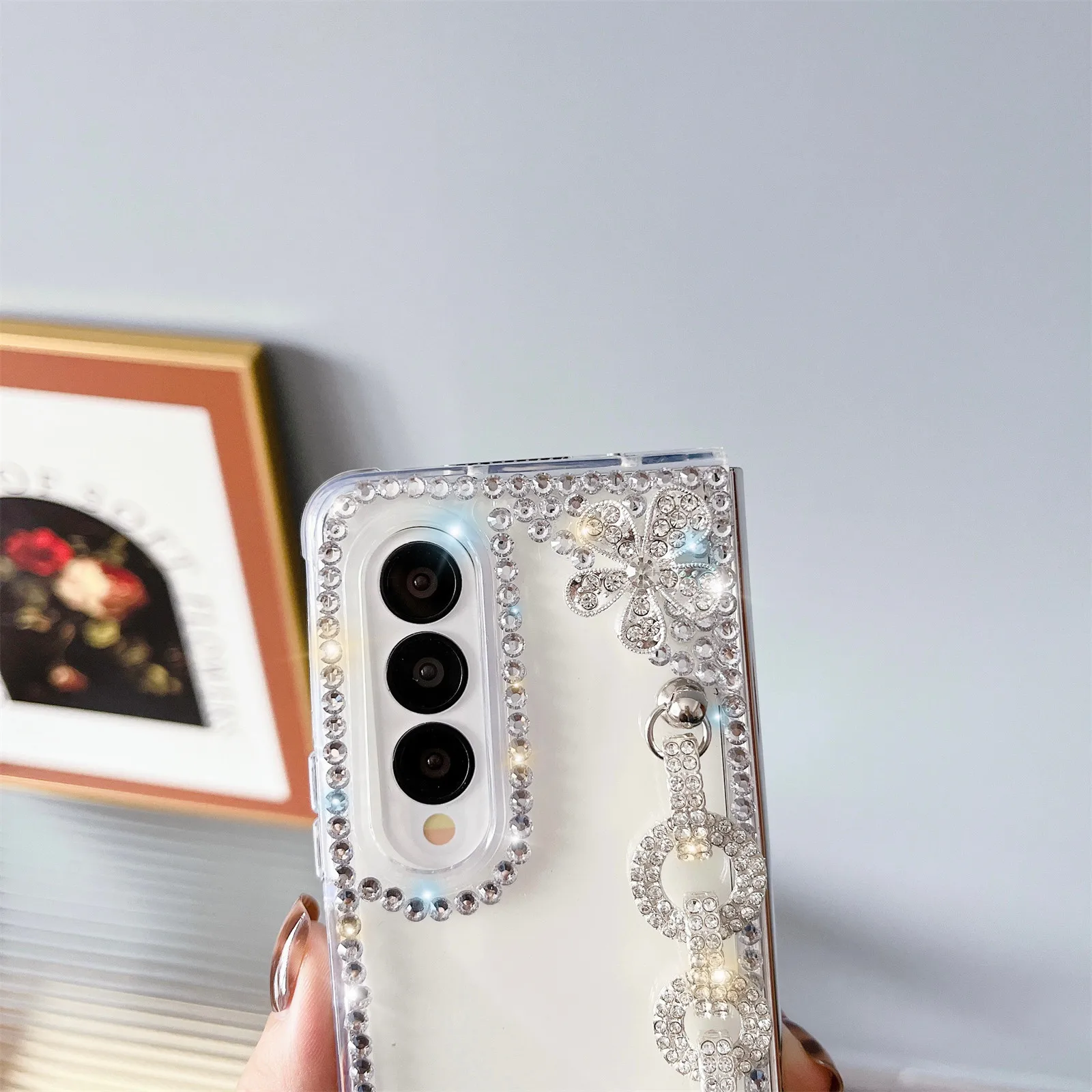 for Samsung Galaxy Z Fold 4 Case Cute for Women Girls Luxury 3D Handmade Sparkle Pearl Strap Chain Diamond Bling Glitter Cover