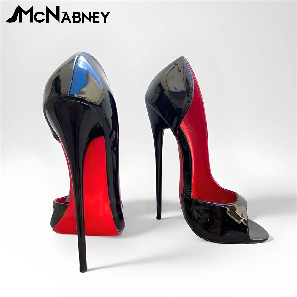 16cm Peep Toe Pumps Sexy Super High Heeled Women Shoes Black Patent Leather Red Lining Fashion Stilettos Handmade Customization