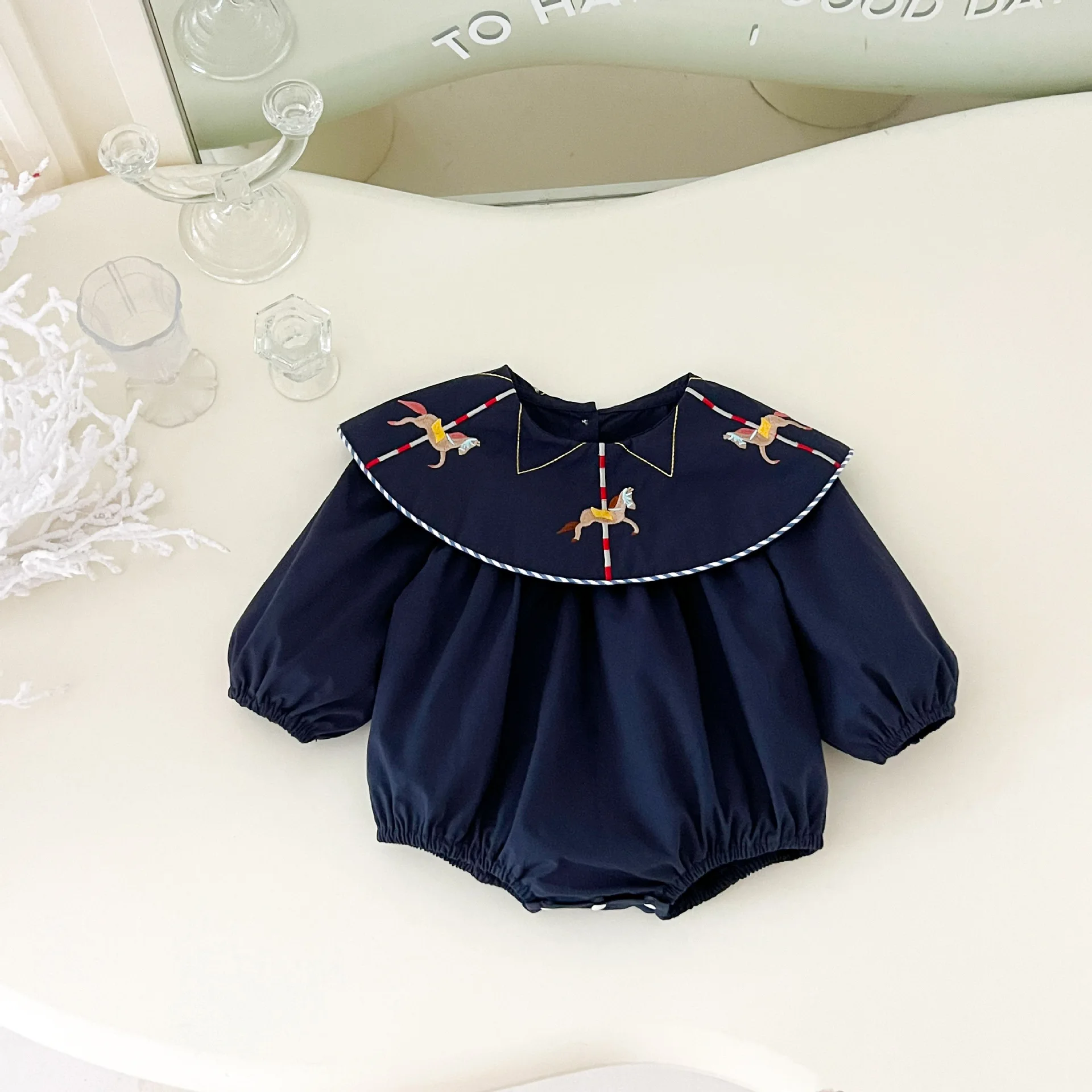 2026 New Autumn Baby Girls Carousel Embroidery Romper | Lapel Collar Long Sleeve Bodysuit | Korean Chic Going Out Outfit