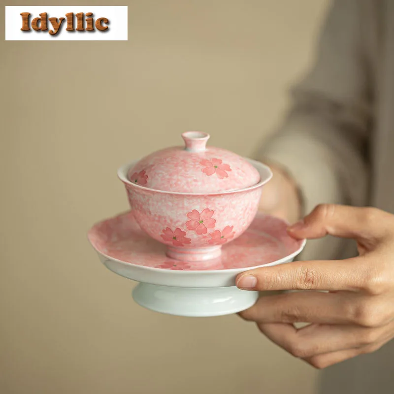 100ml Hand-painted Cherry Blossom Gaiwan Zen Tea Tureen Tea Bowl With Lid Kit Tea Maker Cover Bowl Chinese Tea Set Ornaments