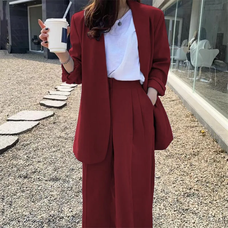 2022 Spring New Two-piece Set Suit Blue Double Breasted Blazer + Casual Straight Trousers Elegant Fashion Chic Women\'s Clothes