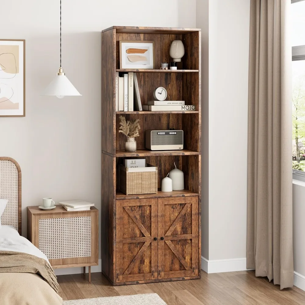 Industrial Style Farmhouse Wooden Bookcase with Doors, 11.8 inches Deep and 71.4 inches Tall Display Storage Shelves