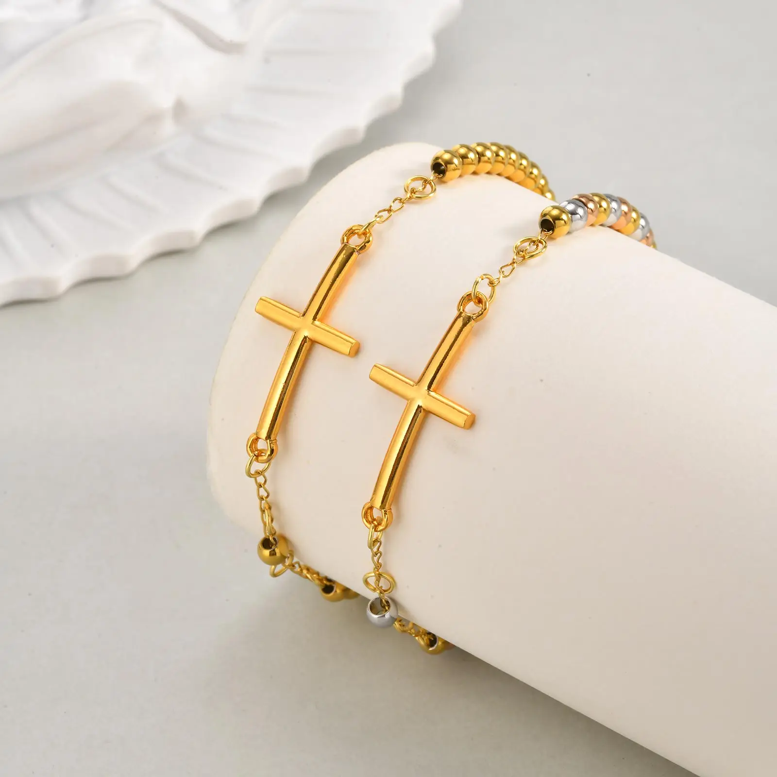 Damen-Rosenkranz-Kreuz-Jungfrau Maria-Armband, Vintage-Charm-Perlenarmbänder aus Edelstahl, religiöse Gebetsschmuckgeschenke – Detail 2
