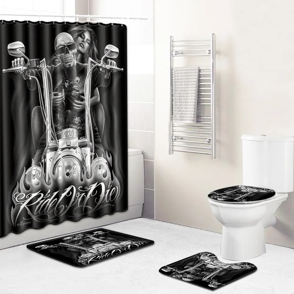 Thriller Skull Print Bathroom Anti-Slip Floor Mat Shower Curtain Combination Carpet  Shower Curtain Set Bathroom Curtain Set POD