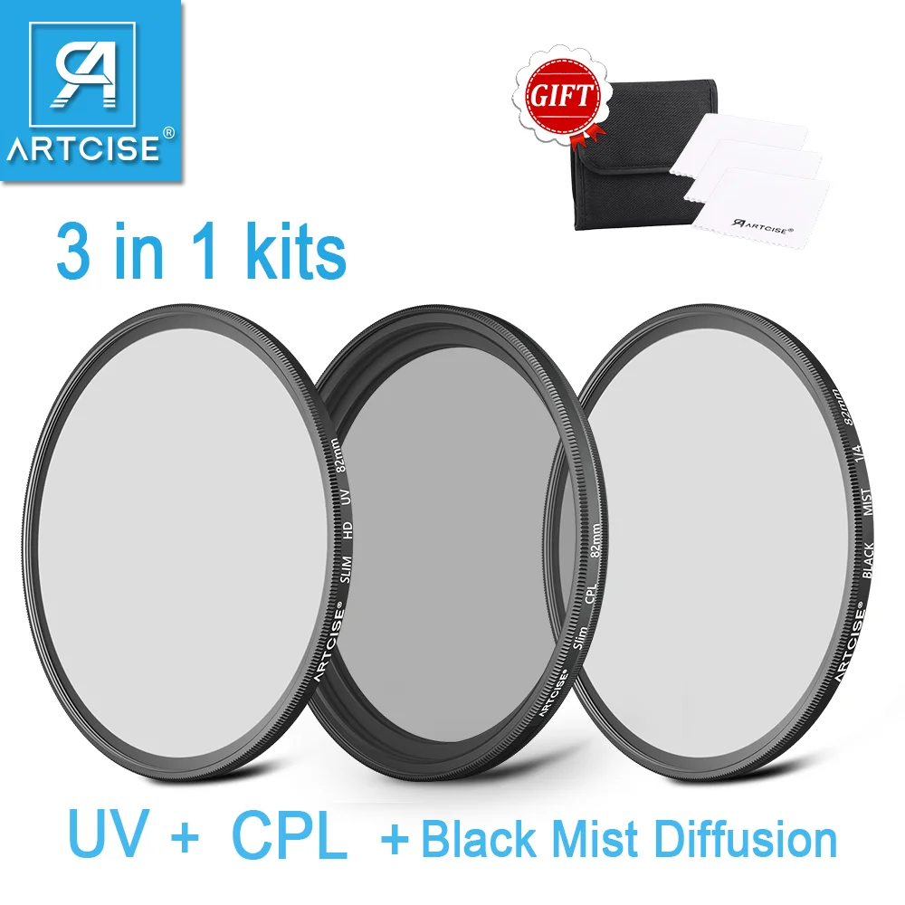 

ARTCISE UV CPL Black Diffusion Camera Len Filter Set 3 in 1 Kits 37 40.5 43 46 49 52 58 62 67 72 77 82mm for Cannon Nikon Sony