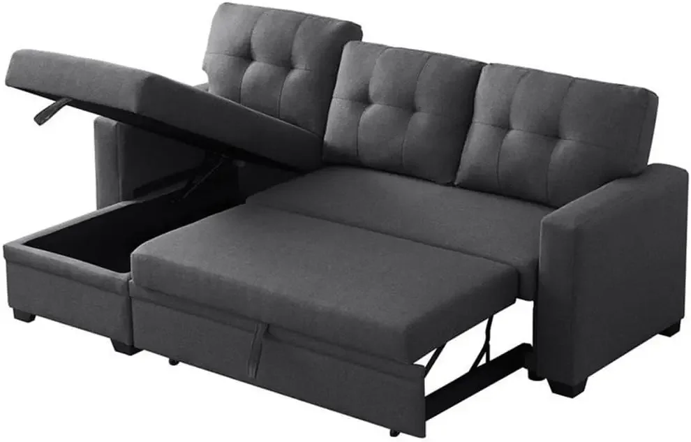 L-Shaped Polyester Fabric Reversible, Easy Convertible Pull-Out Sleeper Sectional Sofa/Storage Chaise with Tufted Back Cushions