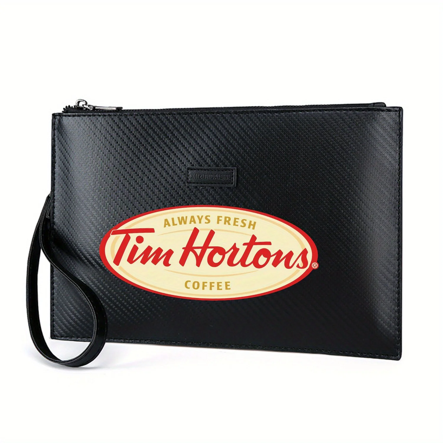 Logo curvo rosso e parole caffè fresco Elegante borsa da uomo in PU stampato Alla moda e pratica per il trasporto quotidiano