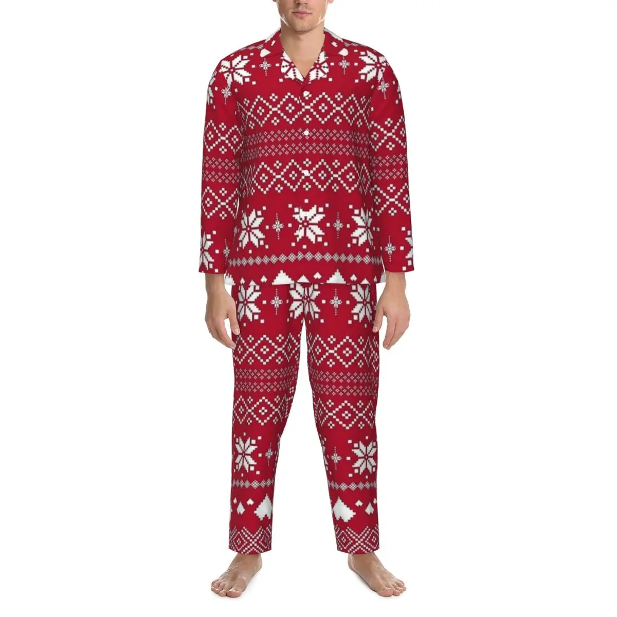 

Modern Red And White Christmas Retro Pajama Set Trendy Sleepwear Men Long-Sleeve Loose Sleep 2 Pieces Nightwear Large Size