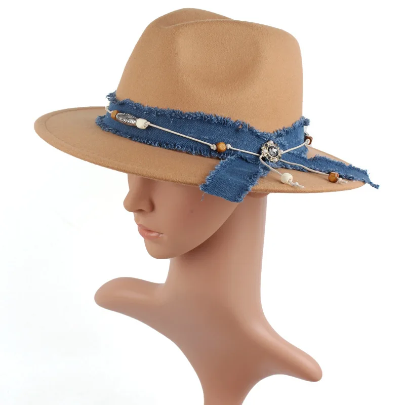 Women's Denim Blue Fabric Hat With A Neck Strap, Warm Woolen Hat For Autumn And Winter, Unique Design And Wearable
